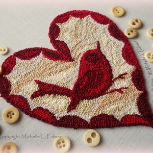 Valentine Wren Punch Needle Embroidery DIGITAL Jpeg and PDF PATTERN Michelle Palmer Songbird True Love Heart
