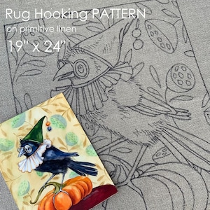 May include: A black and white line drawing of a bird wearing a hat and a ruffle on a gray linen background. The drawing is labeled "Rug Hooking Pattern on primitive linen 19' x 24'". A smaller image of a black bird wearing a hat and a ruffle sitting on a pumpkin is in the lower left corner.