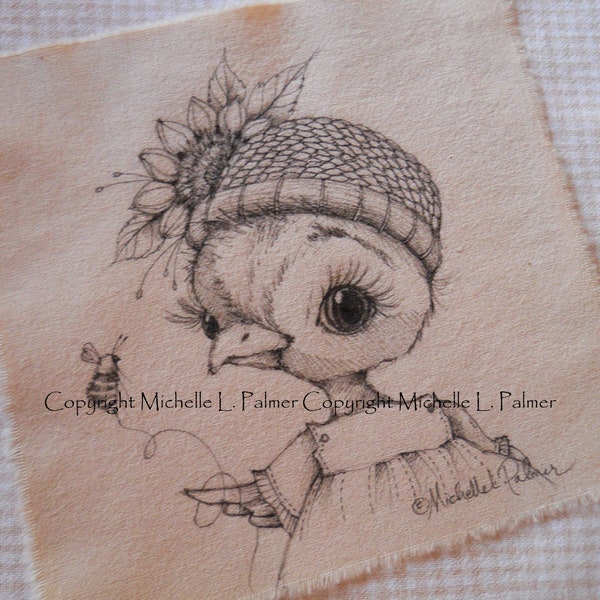 LARGE Michelle Palmer Fine Art Ink Illustration on Tea Stained Cotton Original Songbird Bird Farm Chick Woven Hat Sunflower Bumble Bee