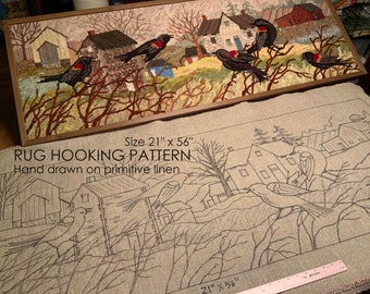 PATTERN for RUG HOOKING hand drawn 100% prim Primitive linen Michelle Palmer Red-Winged Blackbirds Birds Spring Farm Scene Landscape Barns