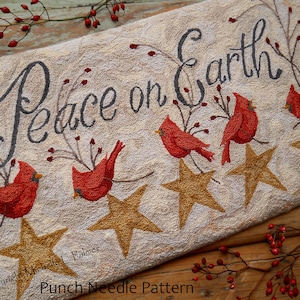 Punch Needle Embroidery DIGITAL Download Jpeg and PDF Large PATTERN Michelle Palmer 16&#39;&#39;x 8.5&#39;&#39; Peace on Earth Cardinals Stars Rose Hips