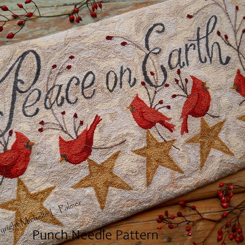 Punch Needle Embroidery DIGITAL Download Jpeg and PDF Large PATTERN Michelle Palmer 16''x 8.5'' Peace on Earth Cardinals Stars Rose Hips