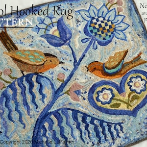 RUG HOOK Hooking PATTERN Folk Fraktur Birds Hand drawn on 100% primitive linen Michelle Palmer Heart Love Birds Tulips Flow Blue Winter Days