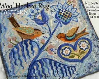 RUG HOOK Hooking PATTERN Folk Fraktur Birds Hand drawn on 100% primitive linen Michelle Palmer Heart Love Birds Tulips Flow Blue Winter Days