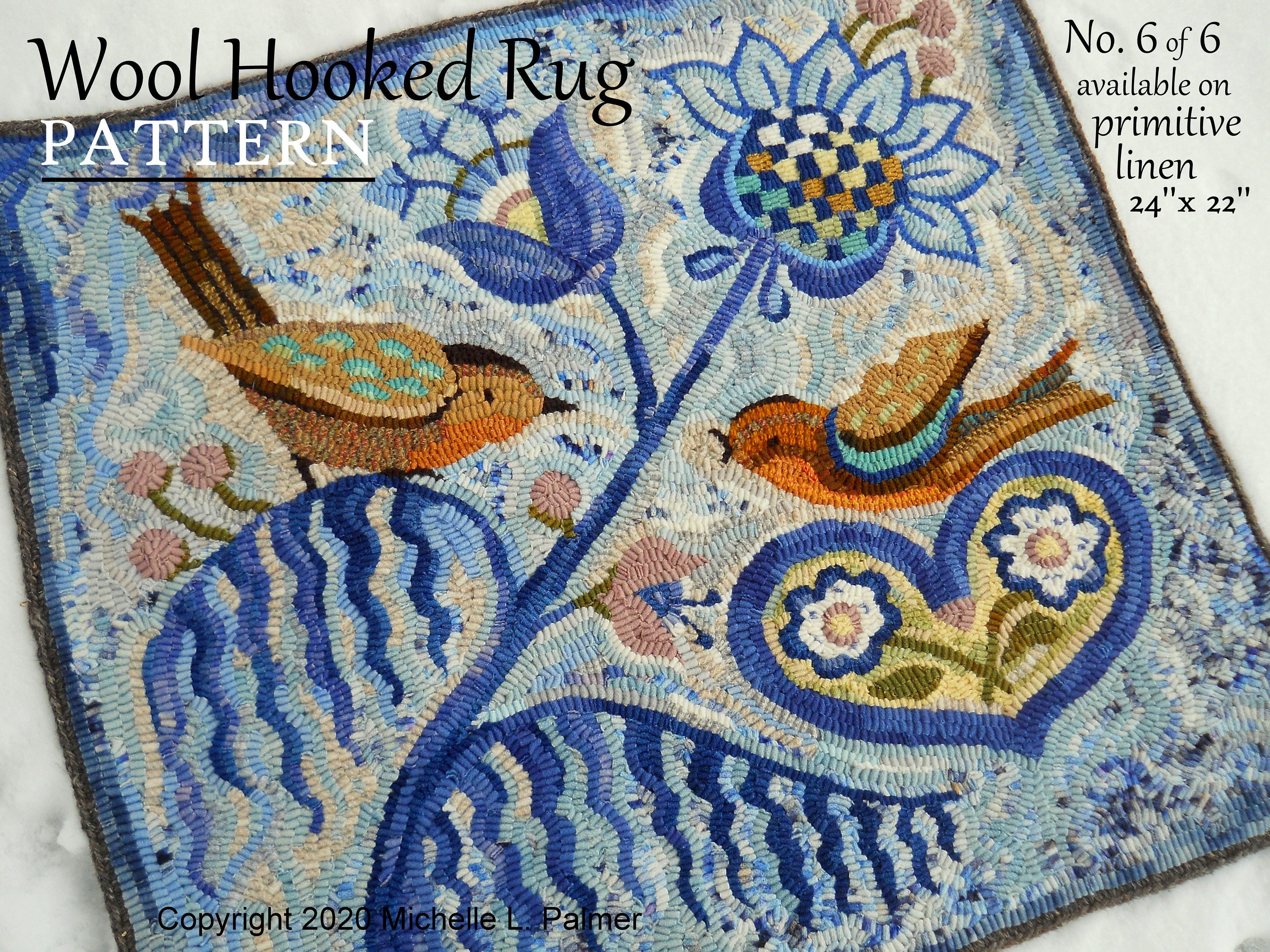 RUG HOOK Hooking PATTERN Folk Fraktur Birds Hand drawn on 100% primitive linen Michelle Palmer Heart Love Birds Tulips Flow Blue Winter Days