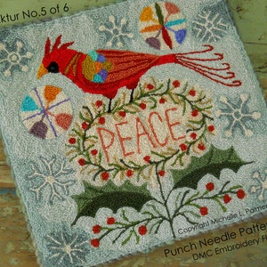 Punch Needle DIGITAL Download Jpeg and PDF PATTERN Embroidery floss model Michelle Palmer Cardinal Bird Fraktur Peace Wreath Holly Christmas