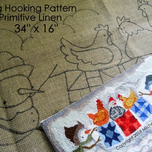 May include: A rug hooking pattern on burlap fabric with a design of three chickens and a snowman. The pattern is 34 inches by 16 inches. The text "Rug Hooking Pattern on Primitive Linen 34" x 16" Copyright 2019 Michelle L. Palmer" is visible in the image.