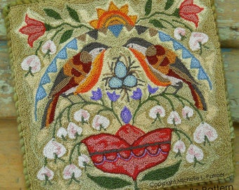 Punch Needle DIGITAL Download Jpeg and PDF PATTERN Embroidery floss model Michelle Palmer Spring Fraktur Bleeding Hearts Tulips Robin Bird