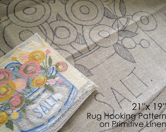 Prim Wool RUG HOOK Hooking PATTERN Hand drawn 100% primitive linen Michelle Palmer Salt Box Collection No. 1 Ranunculus Flowers Still Life