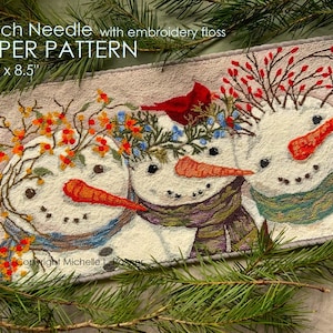 Punch Needle PAPER Pattern Michelle Palmer Full Size Traceable 18.5" x 8.5" Cheek to Cheek Snowmen Bittersweet Juniper Rosehip Winter Freind