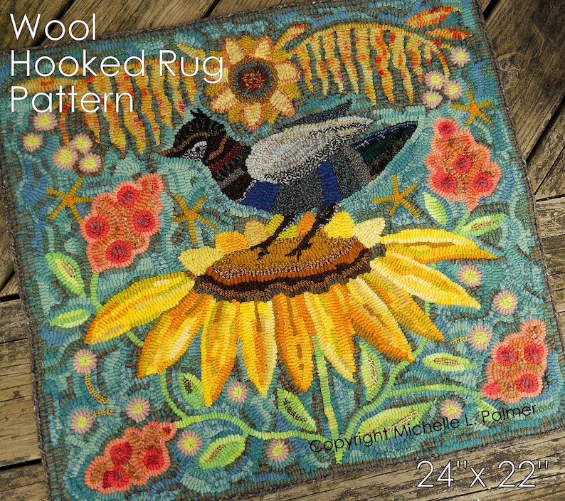 RUG HOOK Hooking PATTERN Folk Fraktur Sunflower Sumac Tree Etsy