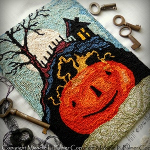 Jack O Lantern Pumpkin Harvest Full Moon halloween Punch Needle Embroidery DIGITAL Jpeg and PDF PATTERN Michelle Palmer Painting w/Threads