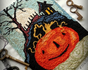 Jack O Lantern Pumpkin Harvest Full Moon halloween Punch Needle Embroidery DIGITAL Jpeg and PDF PATTERN Michelle Palmer Painting w/Threads