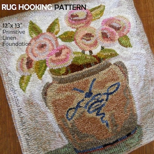 Hand drawn PATTERN on 100% primitive linen RUG HOOK Hooking Michelle Palmer Salt Glaze Stoneware Collection Bee Honeybee Ranunculus Floral