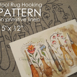 PATTERN for RUG HOOKING hand drawn on 100% prim Primitive linen Michelle Palmer Floral Hook Collection Flowers Fraktur Multiple Tools Hooks