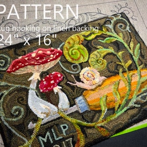 May include: A rug hooking pattern featuring a mushroom, snail, and leafy vines on a dark brown background. The pattern is 24 inches by 16 inches and is titled "MLP 2017".