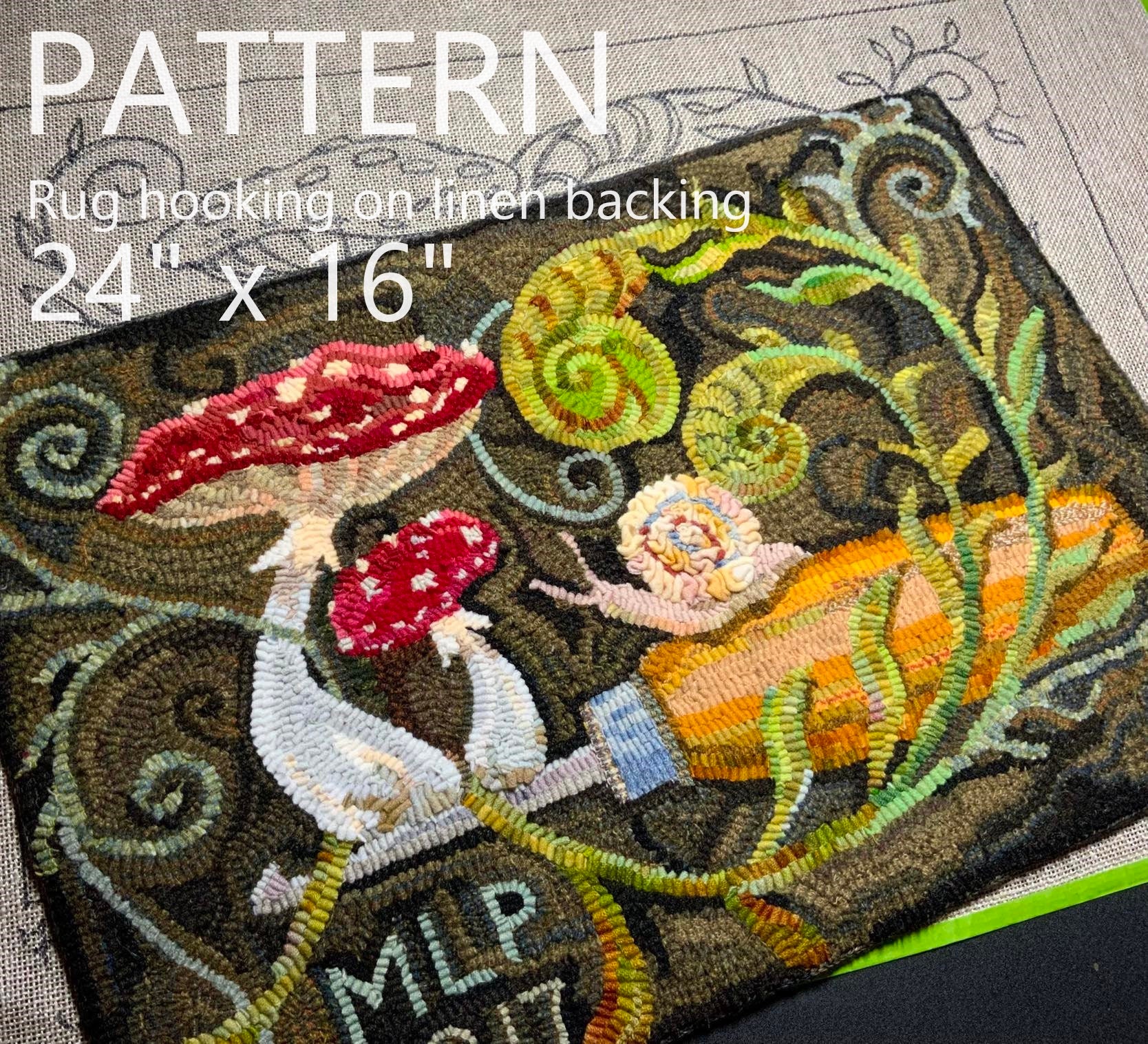PATTERN for RUG HOOKING hand drawn 100% prim Primitive linen Michelle Palmer Forest Ferns Mushrooms Red White Spots Hook Tool Collection