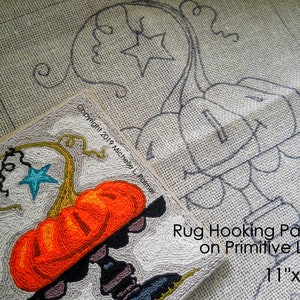 Prim Wool RUG HOOK Hooking PATTERN Hand drawn 100% primitive linen Michelle Palmer Pumpkin in the Window Jack O'lantern Star Halloween Decor