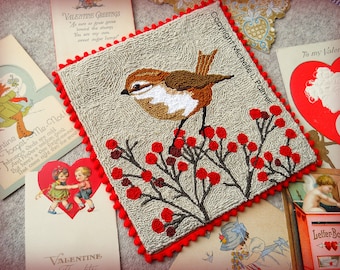 Little Sparrow Bird Finch Feathered Friend Red Berries Berry Valentine Punch Needle Embroidery DIGITAL Jpeg and PDF PATTERN Michelle Palmer