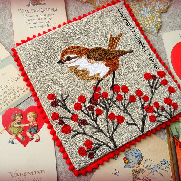 Little Sparrow Bird Finch Feathered Friend Red Berries Berry Valentine Punch Needle Embroidery DIGITAL Jpeg and PDF PATTERN Michelle Palmer