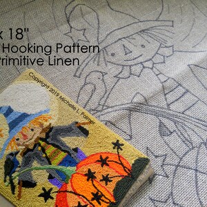 May include: A rug hooking pattern on primitive linen, featuring a colorful scarecrow design with a pumpkin and moon. The finished piece measures 13" x 18". The image also shows the outline of the pattern on the linen. Text on the image reads "Rug Hooking Pattern on Primitive Linen".