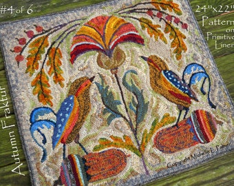 Folk Fraktur Birds RUG HOOK Hooking PATTERN Hand drawn on 100% primitive linen Michelle Palmer Acorn Perch Oak Thistle Crab Apples Harvest