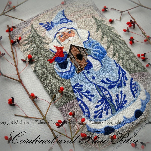 Blue Christmas Santa Claus Cardinal Bird Birdhouse Punch Needle Embroidery DIGITAL Jpeg and PDF PATTERN Michelle Palmer Painting w/Threads