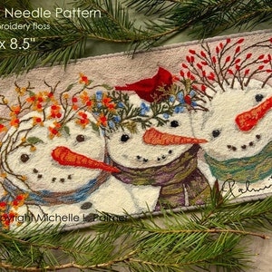 Punch Needle Embroidery DIGITAL Download Jpeg PDF X-Large PATTERN Michelle Palmer 18.5''x 8.5'' Cheek Snowmen Trio Winter Meadow Bittersweet