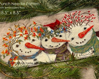 Punch Needle Embroidery DIGITAL Download Jpeg PDF X-Large PATTERN Michelle Palmer 18.5''x 8.5'' Cheek Snowmen Trio Winter Meadow Bittersweet