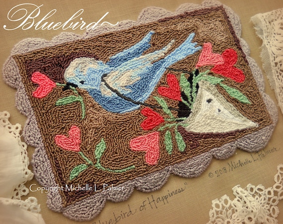 Punch Needle Embroidery DIGITAL Jpeg PDF PATTERN Michelle Palmer Bluebird Blue Bird of Happiness Valentine May Day Hearts Painting w/Threads