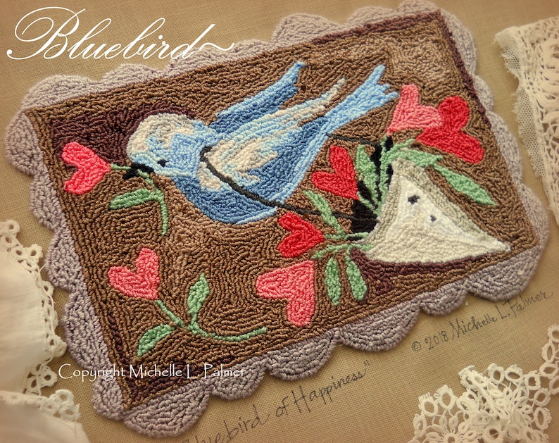 Punch Needle Embroidery DIGITAL Jpeg PDF PATTERN Michelle Palmer Bluebird Blue Bird of Happiness Valentine May Day Hearts Painting w/Threads image 1