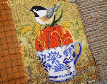 Punch Needle Embroidery Pattern DIGITAL Instant DOWNLOAD Jpeg PDF files Michelle Palmer #2 Pumpkin Tea Creamer Chickadee Flow Blue Cup Wheat