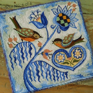 Punch Needle DIGITAL Download Jpeg and PDF PATTERN Embroidery floss model Michelle Palmer Flow Blue Winter Flowers Fraktur Birds Heart Love