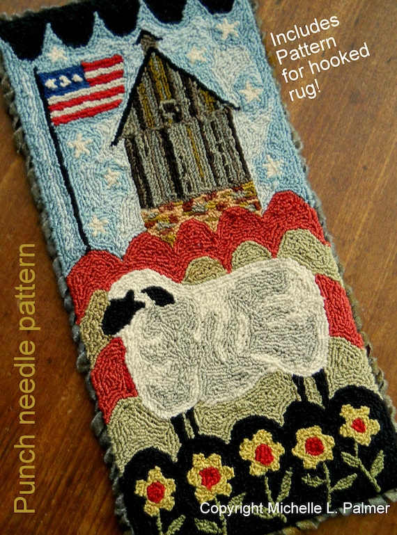 Punch Needle Embroidery DIGITAL Jpeg PDF PATTERN Michelle Palmer Bonus Rug Hooking pattern Hop House Genesee Country Village Barn Sheep Flag