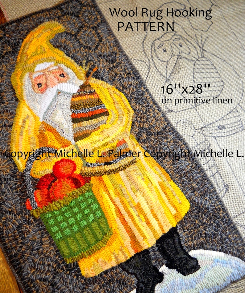 Prim Folk Vintage Santa Claus RUG HOOK Hooking PATTERN Hand Drawn on ...