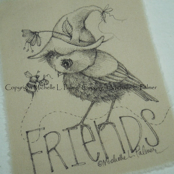 Michelle Palmer Fine Art Ink Illustration on Tea-Stained Cotton Little Sparrow Bird fall hat flower bumble bee honeybee pumpkin gift Friends