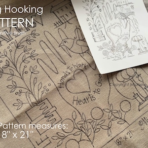 May include: A rug hooking pattern on primitive linen. The design features a hand with a heart, a bird, and floral elements. The pattern measures 18" x 21". The text includes "Hands to Work, Hearts to God".