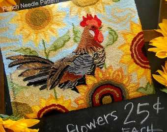 Punch Needle Embroidery DIGITAL Download Jpeg and PDF Pattern Michelle Palmer Rise Shine Sunflower Patch Rooster Welsummer Chicken Farmyard