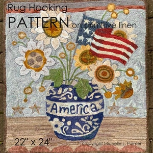 May include: Rug hooking pattern for a vase of flowers with an American flag and the word "America" on a blue background. The pattern is 22 inches by 24 inches and is designed to be hooked on primitive linen.