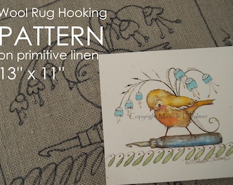 PATTERN for RUG HOOKING hand drawn on 100% prim Primitive linen Michelle Palmer Bluebells Patty's Hook Yellow Finch Flowers Perched Fraktur