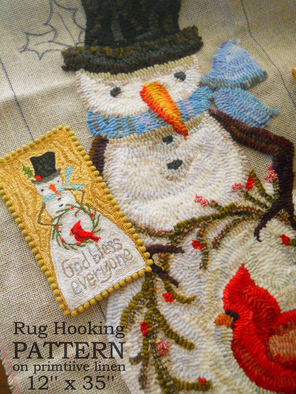 Dickens Style Snowman Cardinal RUG HOOK Hooking PATTERN Hand Drawn on ...