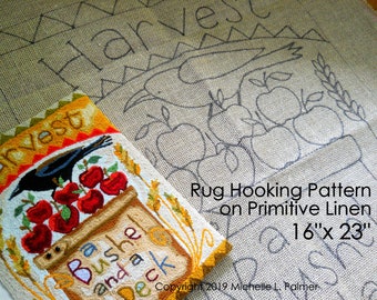 Prim Wool RUG HOOK Hooking PATTERN Hand drawn 100% primitive linen Michelle Palmer Crow Blackbird Apple Bushel and a Peck Apples Harvest