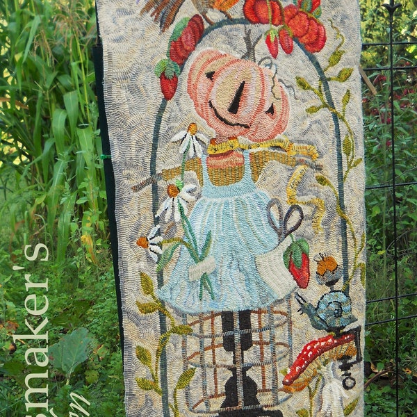 PATTERN hand drawn on 100% primitive linen backing for RUG HOOK Hooking Michelle Palmer Scarecrow Dress Form Sewing Bird Snail Mushrooms