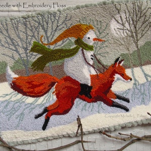 May include: A punch needle embroidery pattern featuring a snowman riding a fox through a snowy forest. The snowman is wearing a green scarf and a brown hat. The fox is orange and brown with a black tail. The background is a light blue with white snow.
