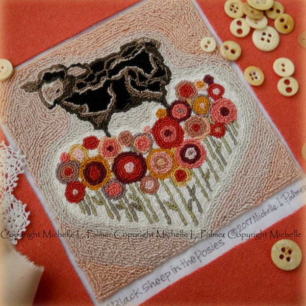 Baa Baa Black Sheep Valentine Posies Flowers Heart Punch Needle Embroidery DIGITAL Jpeg PDF PATTERN Michelle Palmer Painting w/Threads