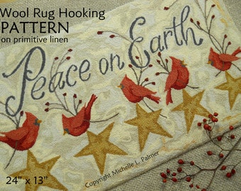 Prim Wool RUG HOOK Hooking PATTERN Hand drawn 100% primitive linen Michelle Palmer Peace on Earth Christmas Winter Cardinals Stars Rose Hips