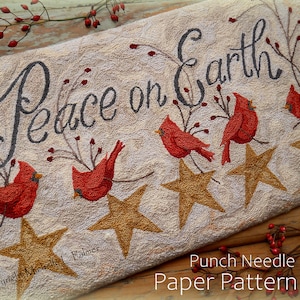 Punch Needle PAPER Pattern Michelle Palmer Full Size Traceable 16" x 8.5" Peace on Earth Christmas Winter Cardinals Birds Stars Rose Hips