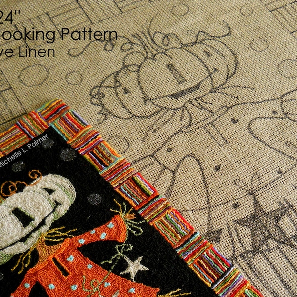 White Pumpkin Scarecrow Prim Wool RUG HOOK Hooking PATTERN Hand drawn 100% primitive linen Michelle Palmer Stars Jack O Lantern Harvest