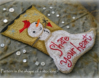 May include: A beige stocking with a snowman and two red cardinals. The stocking has the words "Share your heart" embroidered on it.