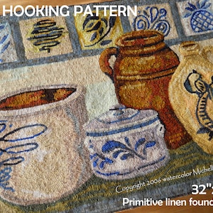 May include: A rug hooking pattern featuring a still life of brown and white pottery with blue accents. The pattern is 32 inches by 22 inches and is designed for a primitive linen foundation. The text "Copyright 2006 watercolor Michelle L. Palmer" is included in the image.